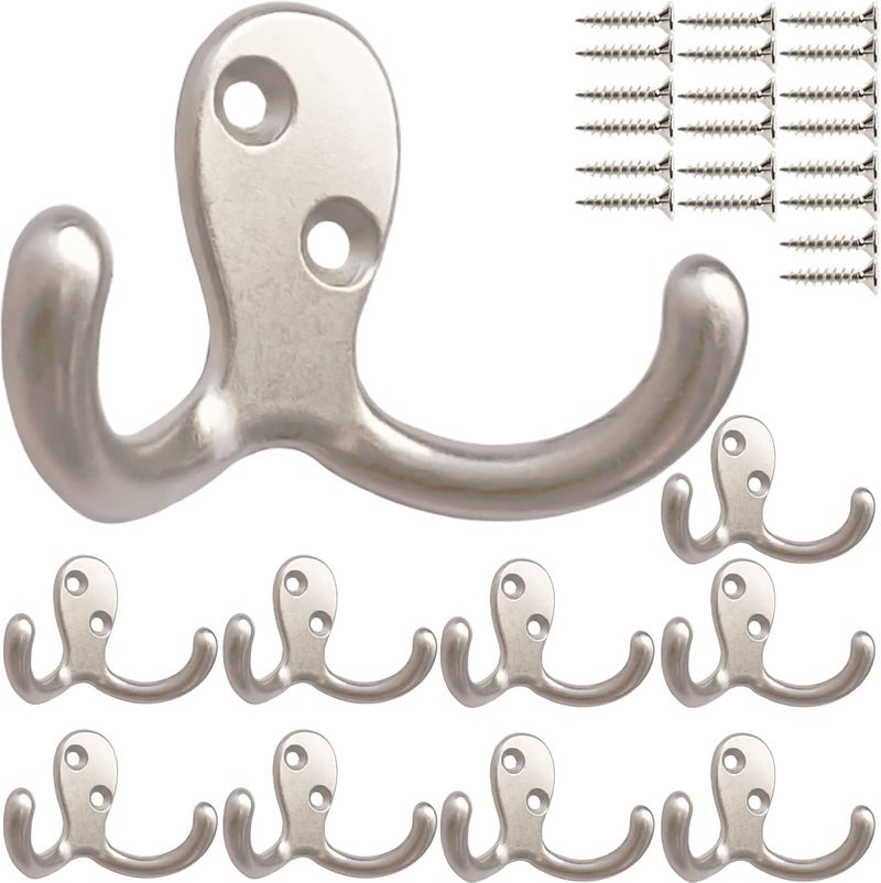 MsBong 10pcs Coat Hooks Hardware, Wall Hooks Heavy Duty Hooks for Hanging Coats Double No Rust Hook Wall Mounted for Key, Towel, Bags, Cup, Hat (Silvery) - Image 1